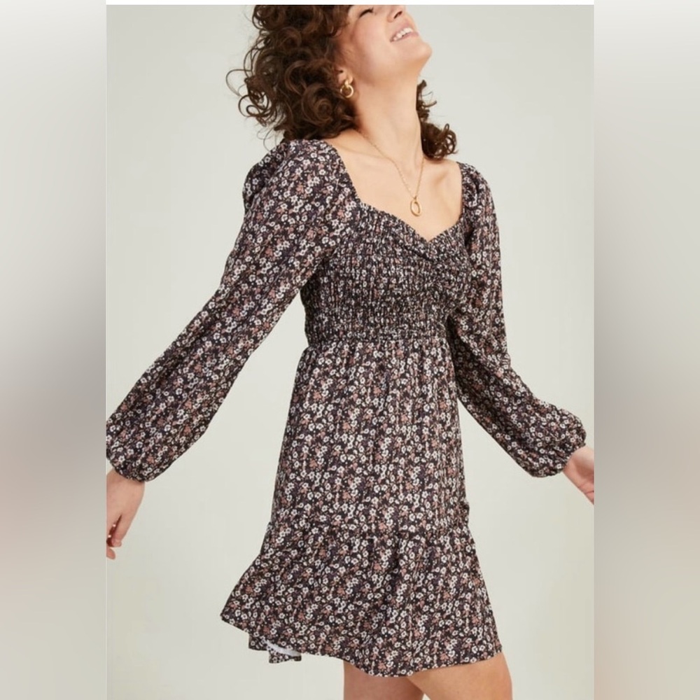 Altar'd State Rhea Black & Brown Long Sleeve Floral Dress